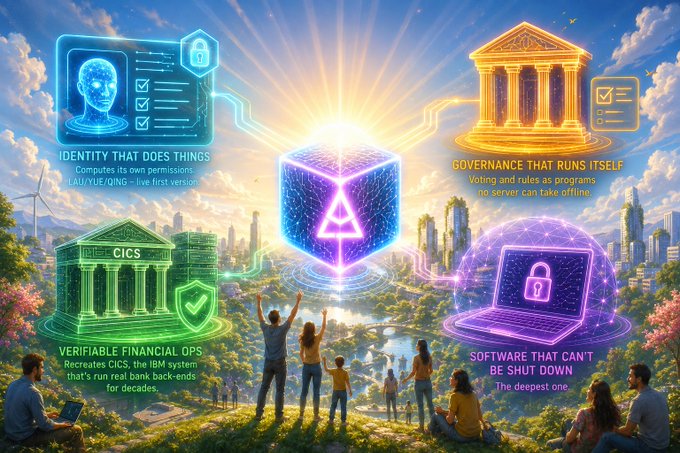 A vibrant infographic illustrating four pillars of a system: 'IDENTITY THAT DOES THINGS', 'GOVERNANCE THAT RUNS ITSELF', 'VERIFIABLE FINANCIAL OPS', and 'SOFTWARE CAN'T BE SHUT DOWN', centered around a glowing purple cube.