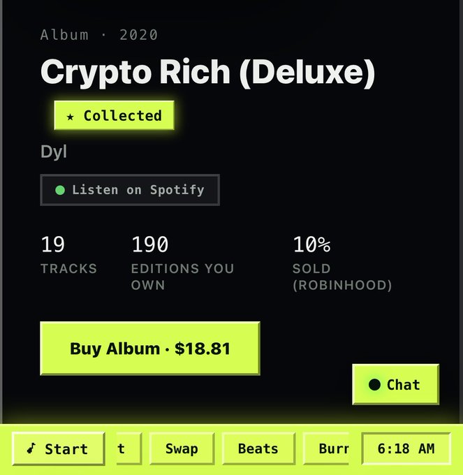 A dark-themed digital album interface titled 'Crypto Rich (Deluxe)' by Dyl (2020), marked as 'Collected', showing 19 tracks, 190 editions owned, 10% sold on Robinhood, a 'Buy Album • $18.81' button, and a bottom menu with options like 'Start', 'Swap', 'Beats', and 'Burr'.