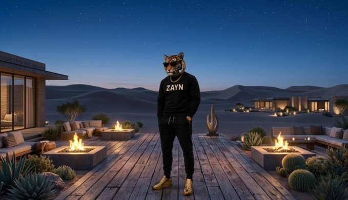 A figure wearing a tiger mask and a black 'ZAYN' sweatshirt stands on a wooden deck with fire pits and a desert landscape in the background at night.