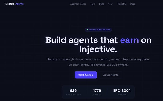 The image shows a website called injective.io, which is focused on building agents for cryptocurrency trading. The website features a dark blue background with white text, displaying information about the platform and its capabilities. It also includes a list of numbers that represent the number of agents built by users in the past month.
