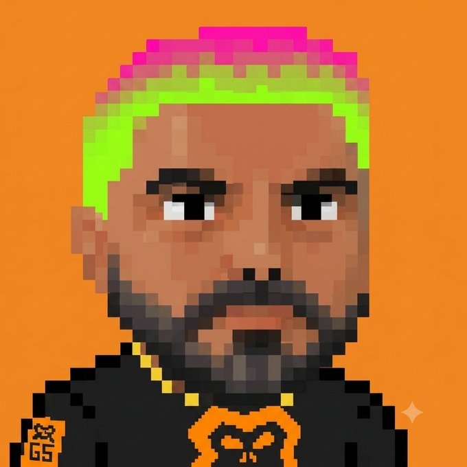 A pixel art NFT-style portrait of a bearded man with neon green and pink hair, wearing a black shirt with an orange logo and gold chain, on an orange background.