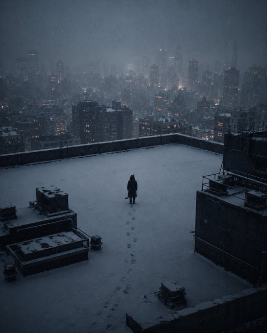 A moody, atmospheric image showing a solitary figure standing on a snow-covered rooftop overlooking a foggy city skyline at dusk or dawn, with the person leaving footprints in the snow.