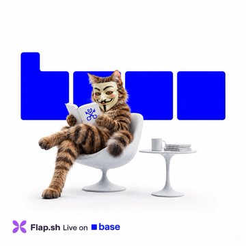 A tabby cat wearing a Guy Fawkes mask sits in a white modern chair using a laptop, with 'Flap.sh Live on base' text at the bottom.