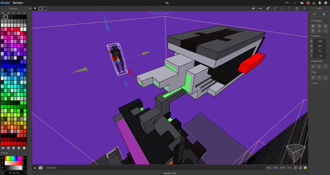 A 3D modeling software interface (Blender) displaying a work-in-progress render of a blocky, voxel-style robot or vehicle character with a camera, set against a purple background.