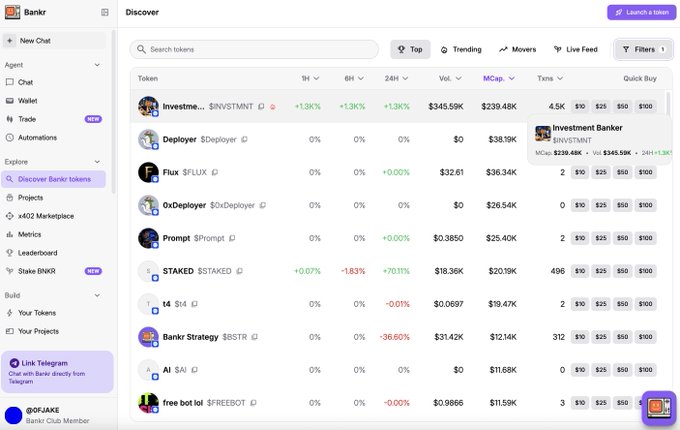A screenshot of a Bankr Discover page showing various cryptocurrency tokens with their prices and market caps, including $INVESTMENT, $Deployer, $FLUX, $OxDeployer, $Prompt, $STAKED, $t4, $BSSTR, $AI, and $FREE.