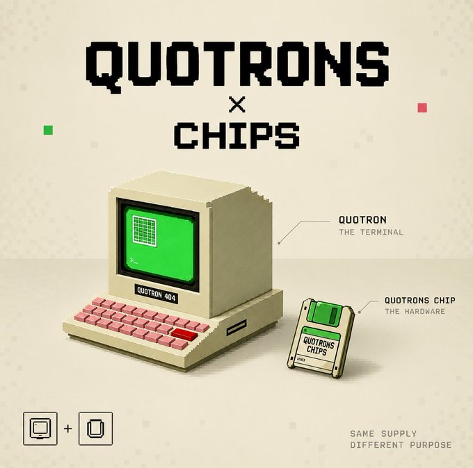 A pixel-art style promotional graphic for 'QUOTRONS x CHIPS' showing a retro computer terminal labeled 'QUOTRON 404' alongside a hardware chip.