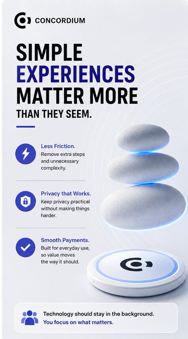 A Concordium promotional graphic titled 'Simple Experiences Matter More Than They Seem,' highlighting features like less friction, privacy that works, and smooth payments.