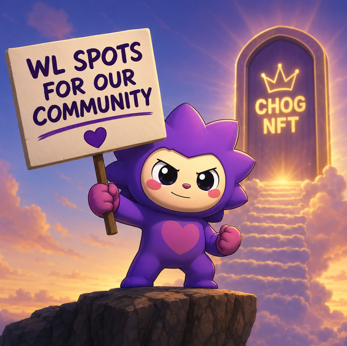 A purple cartoon mascot stands triumphantly on a cliff holding a sign reading "WL SPOTS FOR OUR COMMUNITY," with a glowing "CHOG NFT" archway in the sky behind them—visually reinforcing the post's request for whitelist spots to reward their dedicated community.