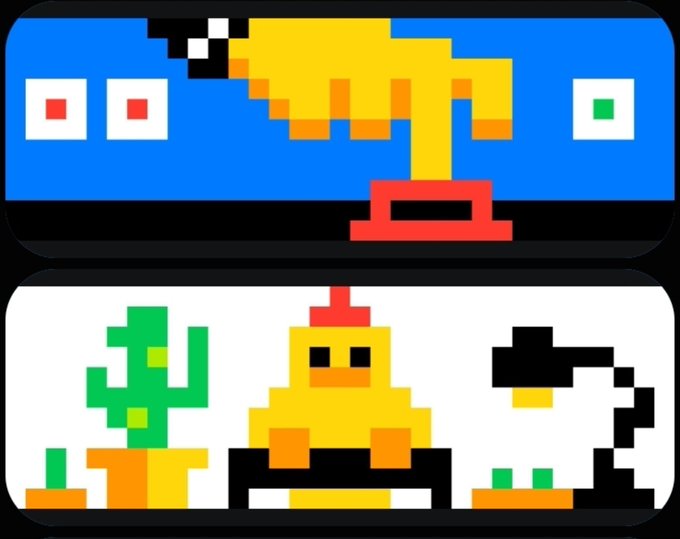 Pixel art depicting a yellow crane at a construction site with red and green buttons, and below it a yellow duck/chick sitting next to a green cactus and a street lamp.
