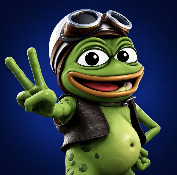 A 3D-rendered green cartoon frog character wearing aviator goggles on a white helmet and a brown leather vest, making a peace sign against a dark blue background.