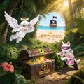 A low-resolution fantasy scene featuring angel characters and cats in a jungle setting with treasure and gold, with text mentioning 'A NEW ANCESTOR' and 'ANGEL TOWN'.