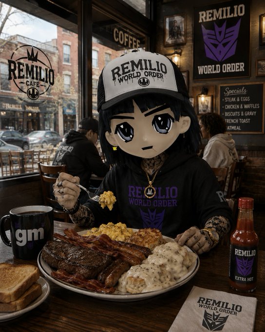 An anime-style chibi character wearing a 'REMILIO WORLD ORDER' trucker cap and hoodie, sitting at a cafe table with a hearty breakfast plate, with 'REMILIO CAFE' branding visible on the window and 'Specials' menu listing steak, eggs, chicken, biscuits, gravy, and french toast.