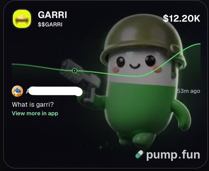 A pump.fun chart for the token $GARRI displays a market cap of $12.20K alongside a 3D cartoon character wearing a military helmet.