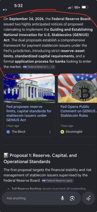 A mobile news screenshot discusses the Federal Reserve Board's September 24, 2026 proposed notices regarding the 'Guiding and Establishing National Innovation for U.S. Stablecoins (GENIUS) Act,' with articles from The Block and bloomqbit.