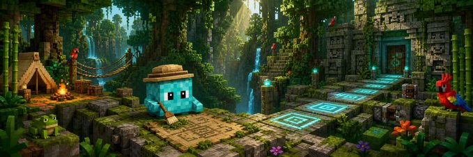 A pixel-art blue gem character wearing a safari hat stands in a lush jungle ruins setting with stone bridges, waterfalls, and parrots, fitting the mining/treasure theme of the post. The scene visualizes the "Gem #57" mining auction, with the cute gem character representing the newly discovered Gemmoo token to be bid on starting at 10,000 $GEMMOO.