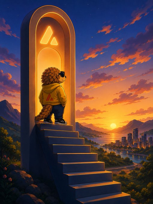 A hedgehog character wearing a yellow Avalanche (AVAX)-branded hoodie stands atop a stone staircase beneath a glowing archway displaying the AVAX triangle logo, gazing out at a sunset-lit coastal cityscape—visually reinforcing the post's message that "All roads lead to @avax."