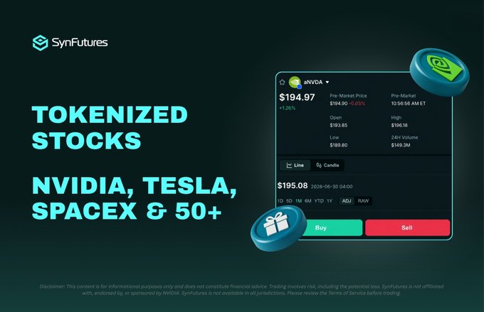 A promotional graphic for SynFutures advertising "TOKENIZED STOCKS" featuring "NVIDIA, TESLA, SPACEX & 50+" alongside a trading interface showing NVIDIA stock at $194.97 with pre-market data, a $195.08 price point, and Buy/Sell buttons. The image visually supports the post's message about trading 50+ tokenized stocks on Base via AnzenedFi, showcasing the platform's interface and key assets.
