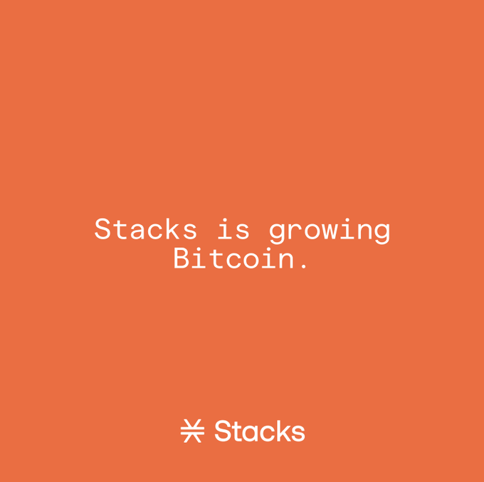 An orange promotional graphic featuring the white text "Stacks is growing Bitcoin." centered on the image, with the Stacks logo and wordmark displayed at the bottom.
