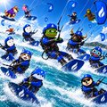 A small animated scene showing multiple blue penguin-like characters in armor riding what appear to be small vehicles or creatures across water.