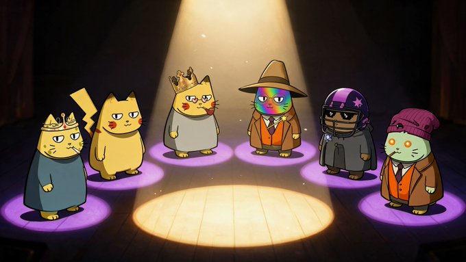 Six stylized cartoon cats wearing various outfits, including crowns, a wizard hat, a rainbow mask, a football helmet, and a beanie, stand in a semicircle on a wooden stage illuminated by a spotlight.