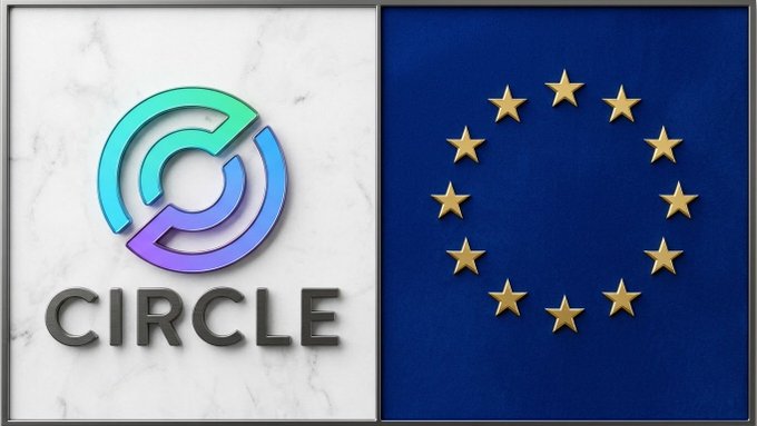 A split image showing the "CIRCLE" cryptocurrency logo on a marble background next to the European Union flag with its circle of yellow stars.