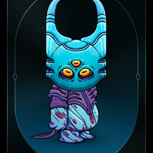 Digital illustration of a stylized blue horned figure with three eyes, wearing purple and light blue patterned clothing against a dark blue background.