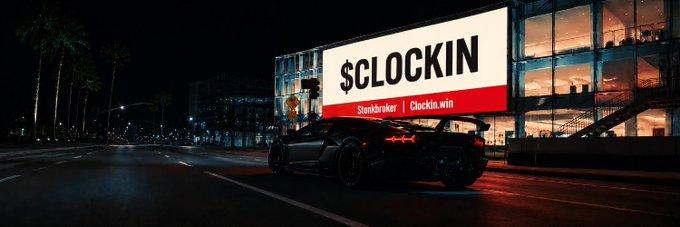 A promotional banner image showing a dark sports car on a city street at night with the text '$CLOCKIN - Stakebreaker | Clockin.win'.