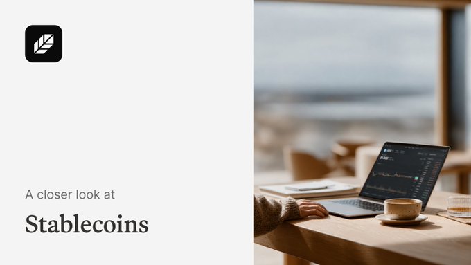 The image shows a promotional graphic for Plume Network titled "A closer look at Stablecoins," featuring a person at a wooden table by a window with a laptop displaying financial charts and a cup of coffee. The accompanying post references the 40x growth in stablecoin supply to approximately $300 billion, positioning this graphic as a visual entry point to an educational blog about stablecoins as real-world assets.