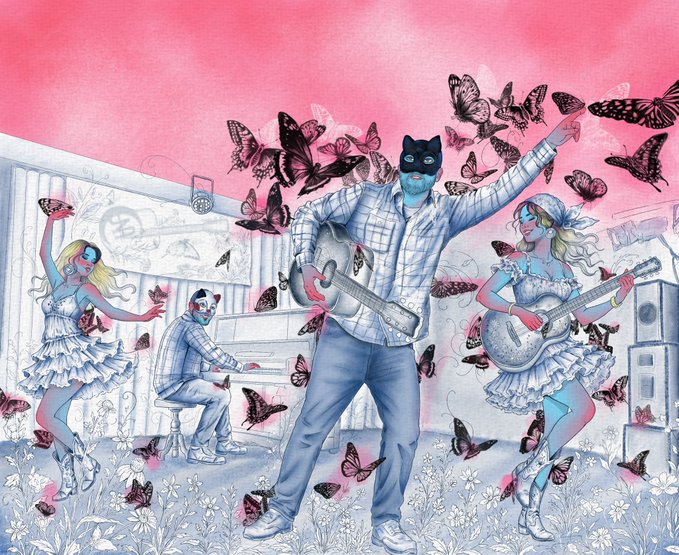 A surreal digital artwork with a pink sky showing figures in masks playing instruments (guitar, piano) surrounded by black butterflies, resembling an album cover.