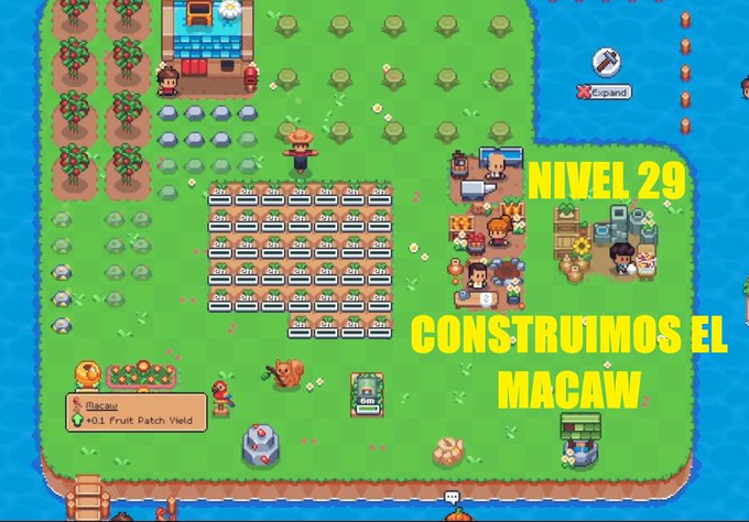 A pixel art farming game screenshot showing 'NIVEL 29 CONSTRUIMOS EL MACAW' (Level 29, we built the Macaw), with various crops, characters, and buildings on a grassy island.