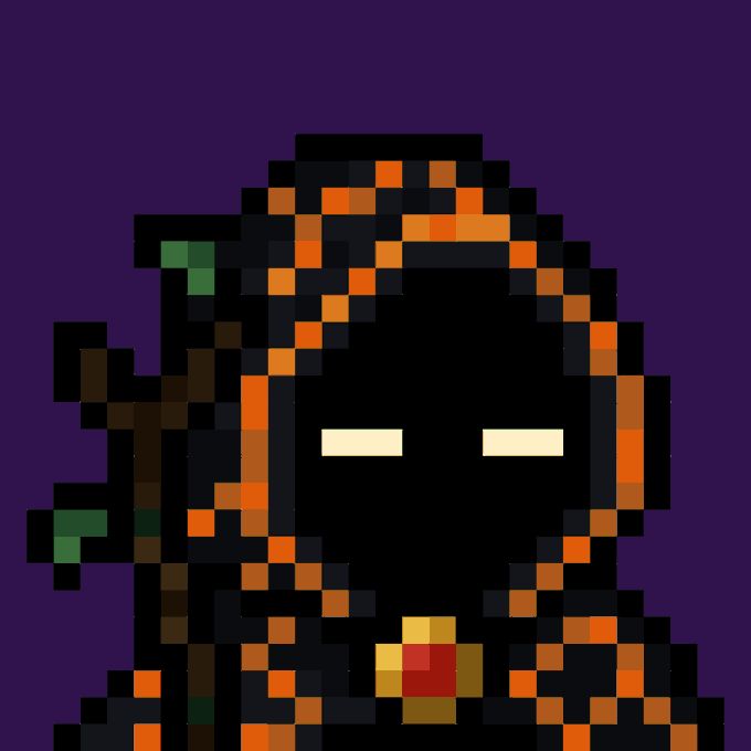 A pixel art illustration of a hooded figure with glowing white eyes and a red gem on their chest against a purple background.