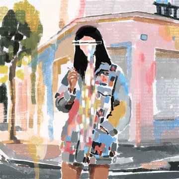 A painted artwork of a figure wearing a colorful patterned outfit standing on a street.