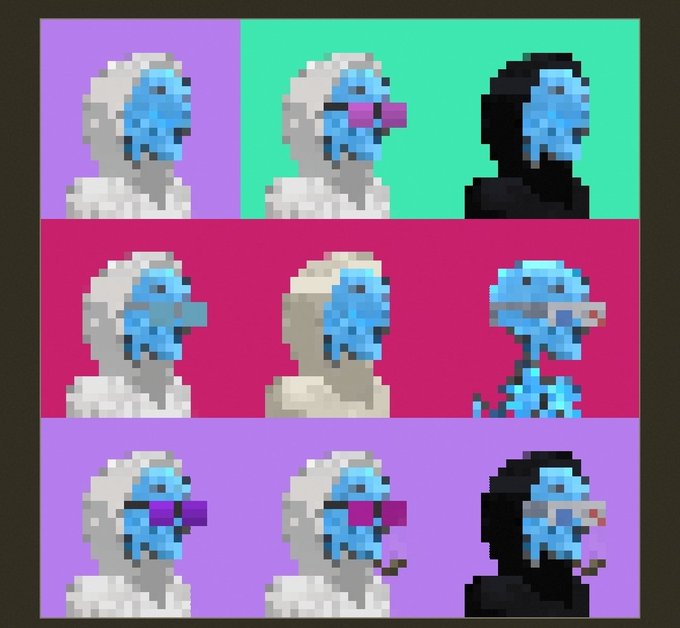 Pixel art grid showing nine variations of a blue-faced character in white or black hoodies, with some wearing sunglasses and others smoking cigarettes, arranged against alternating purple, green, and magenta backgrounds.