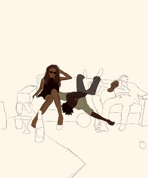 An artistic illustration featuring a woman in a black outfit and a man in casual clothes posing or dancing against a white background with faint line drawings of furniture.