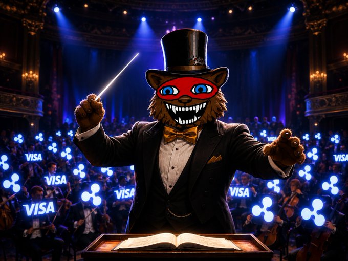 A costumed mascot with a top hat and grinning mask conducts an orchestra from a podium, surrounded by glowing audience signs displaying "VISA" and the XRP logo—visually symbolizing the post's claim that Visa is seeking a new stablecoin partner, with Ripple's RLUSD positioned as the inevitable choice as the "dots connect" between the two brands.