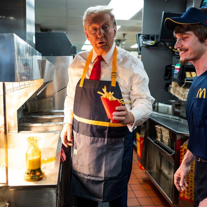 A digitally altered image showing Donald Trump working behind the counter at a McDonald's, wearing an apron and serving french fries.