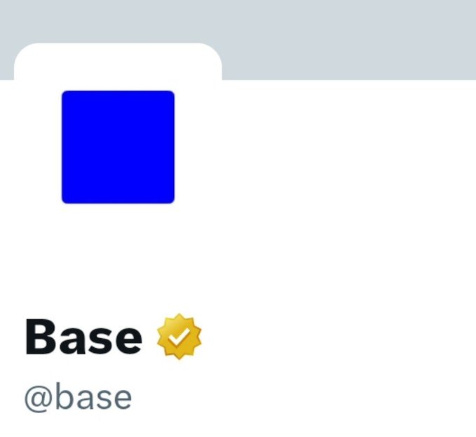 The image shows the Base social media profile header, featuring a solid blue square logo, the bold "Base" name with a verified yellow checkmark badge, and the handle "@base" beneath it—visually branding the official account announcing its $1M fund supporting 10 AI agent startups building onchain products in AI, payments, trading, and financing.