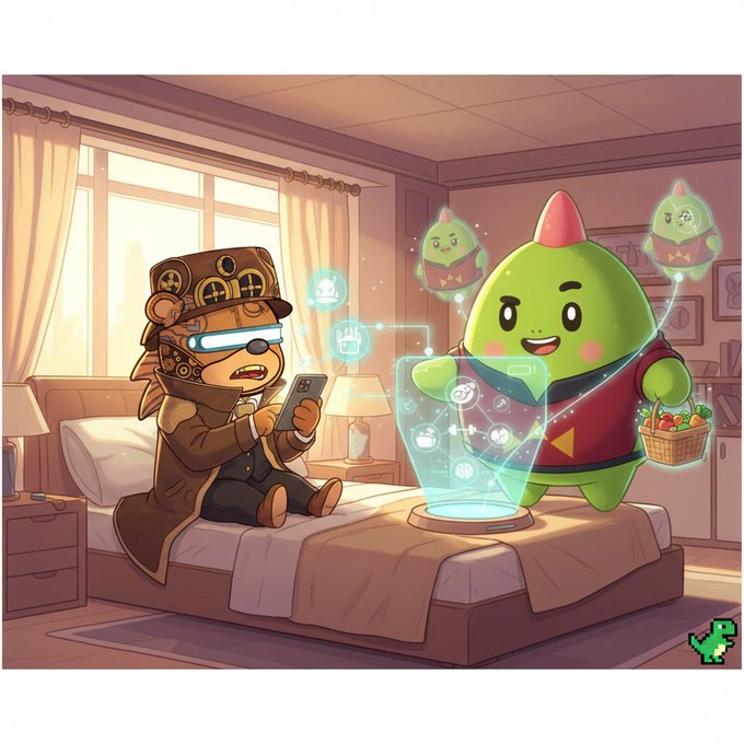 The image features a cartoon character, likely a bear, sitting on a bed while using a cell phone. The scene takes place in a bedroom setting with a bed visible behind the bear. There's also an illustration of a green monster or troll next to the bear and a basket filled with fruit nearby. The post suggests that the character was just woken up by a virtual reality experience, which is why they are using their phone while sitting on the bed. This image seems to be related to the concept of "Just woke up and @sleepagotchi was the first app I opened", as it appears that the character has been introduced into a digital world where they interact with a virtual being or troll.