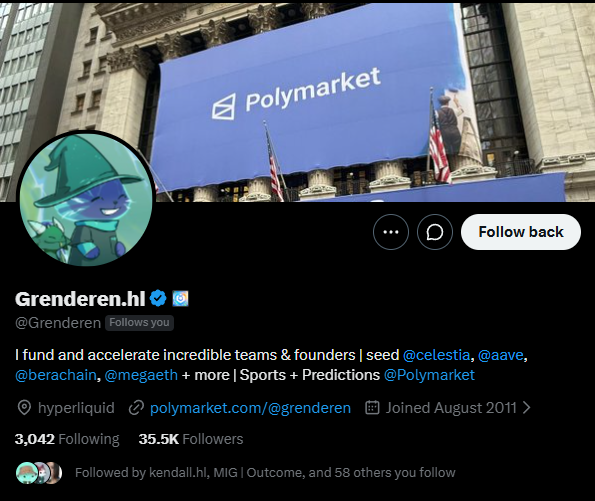 The image shows a Twitter profile for "Grenderen.hl" (@Grenderen) with a verified blue checkmark, 35.5K followers, and a bio claiming to fund teams including @celestia, @aave, @berachain, @megaeth, and work at @Polymarket, with a banner showing the Polymarket logo. The accompanying post accuses this account of being a scammer, highlighting common tactics like using an "Angel" bio, linking a Polymarket account, botting tweets, and using a fake Hypurr profile picture, warning followers to be cautious of accounts that use follower counts as a safety metric.