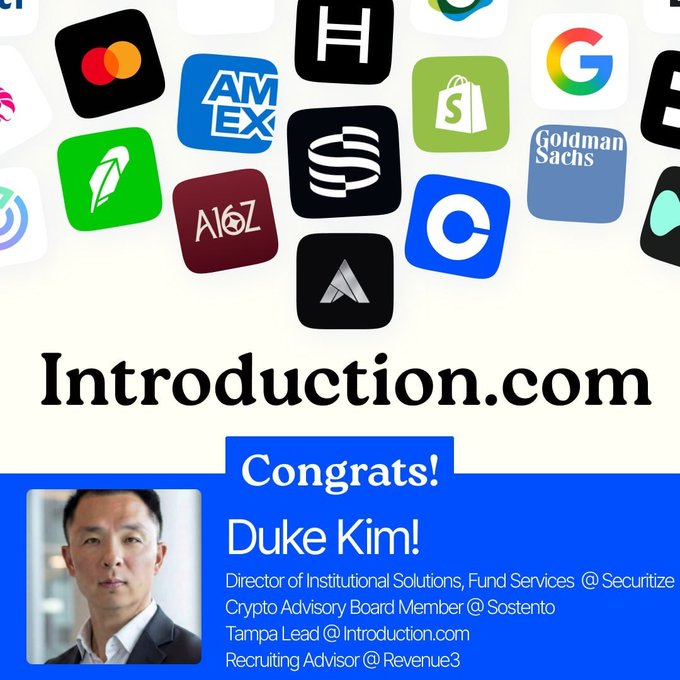 The image is a celebratory graphic from Introduction.com announcing "Congrats! Duke Kim!" featuring his photo alongside his roles as Director of Institutional Solutions, Fund Services at Securitize, Crypto Advisory Board Member at Sostento, Tampa Lead at Introduction.com, and Recruiting Advisor at Revenue3, all displayed beneath a collage of various company logos including AMEX, Shopify, Google, Goldman Sachs, a16z, and Mastercard. The graphic celebrates Duke's accomplishments and ties into the post's spotlight on his work at Securitize.