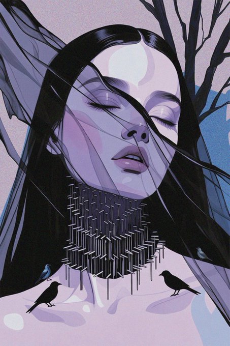 A stylized illustration of a woman with her eyes closed, where her neck transforms into a cascading structure of small gray buildings, with black birds perched nearby against a purple backdrop.
