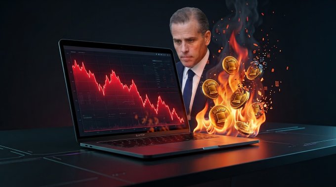A digital composite image shows a man in a suit standing behind a laptop displaying a sharply declining red stock chart, with Bitcoin coins burning in flames emerging from the laptop's keyboard.