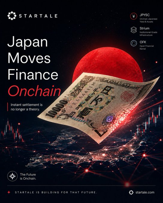 Startale advertisement reading 'Japan Moves Finance Onchain' featuring a Japanese yen note and a red moon, with partner logos for JPYSC, Strium, and OFK.