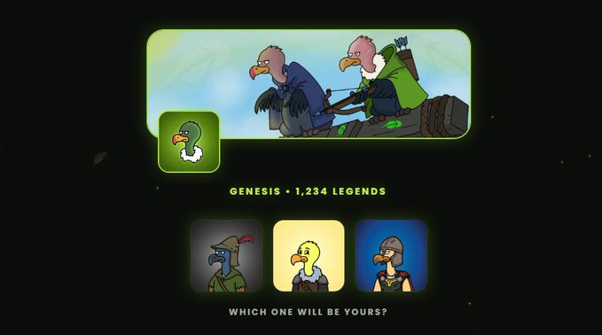 A collection of cartoon vulture NFT characters with a featured 'GENESIS • 1,234 LEGENDS' banner and three character options below the text 'WHICH ONE WILL BE YOURS?'