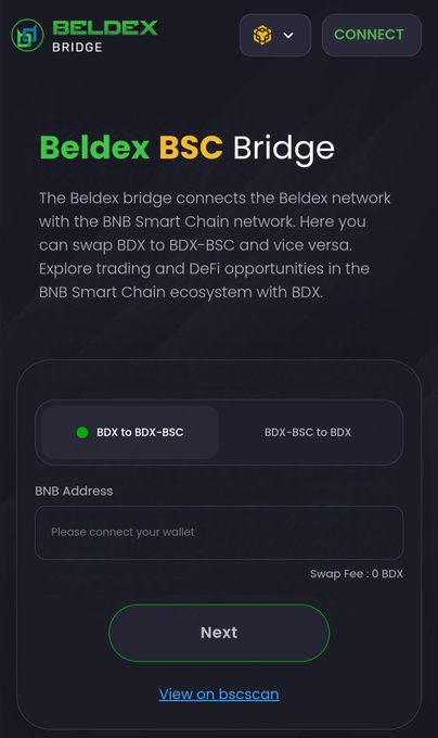 A 'Beldex BSC Bridge' webpage interface allows users to swap BDX between Beldex and BNB Smart Chain networks, showing a 'BDX to BDX-BSC' tab.