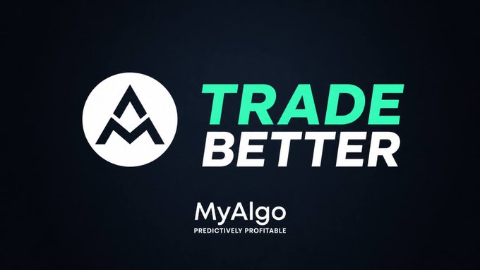 A logo for "MyAlgo" with the tagline "PREDICTIVELY PROFITABLE" alongside the slogan "TRADE BETTER" on a dark background.