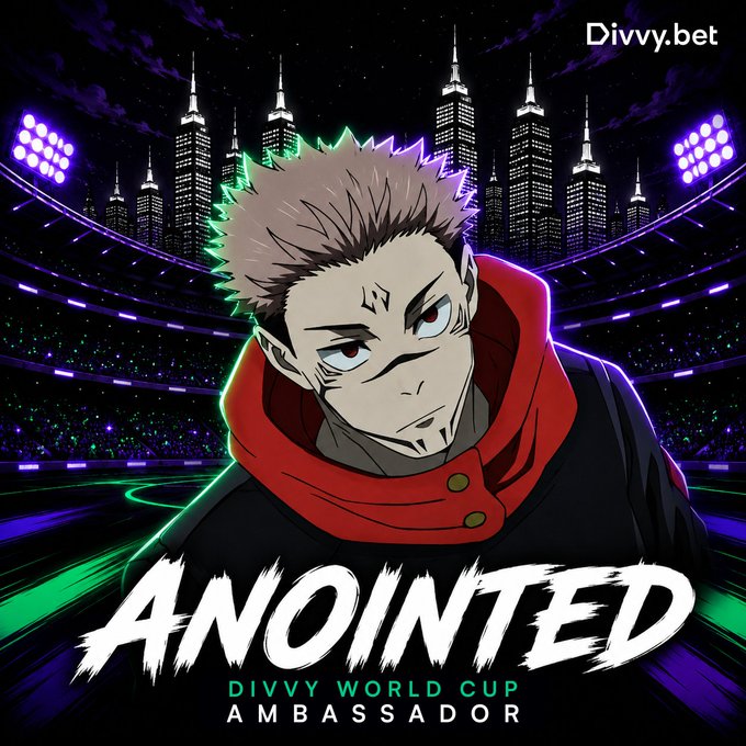 The image features a poster for the Divvy World Cup, which is an event that takes place every four years where various sports competitions are held around the world. The poster includes a cartoon character wearing a red jacket with a white collar and a black shirt underneath. The character has a serious expression on their face as they look directly at the camera. The text on the poster reads "Anointed" in large, bold letters, which is likely meant to be a pun or play on words related to the event.