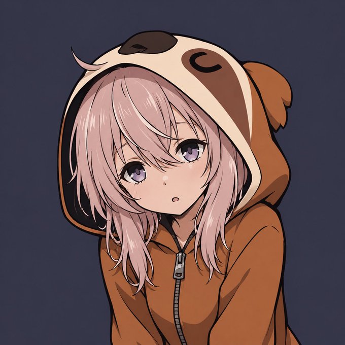 An anime-style character with pink hair and purple eyes wearing a brown animal-eared hoodie, looking surprised against a dark blue background.