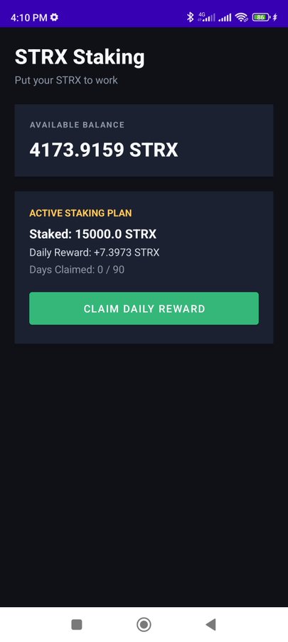 A screenshot of a "STRX Staking" mobile app interface showing an available balance of 4173.9159 STRX, an active staking plan with 15000.0 STRX staked yielding a daily reward of +7.3973 STRX, and a green "CLAIM DAILY REWARD" button with 0/90 days claimed—directly illustrating the post's reminder for StarX Miners to claim daily interest on their staking duration.