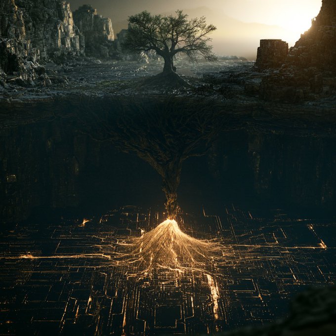 A surreal digital artwork of a tree on a rocky surface with its roots extending below into a glowing, intricate golden circuit-like underground network.